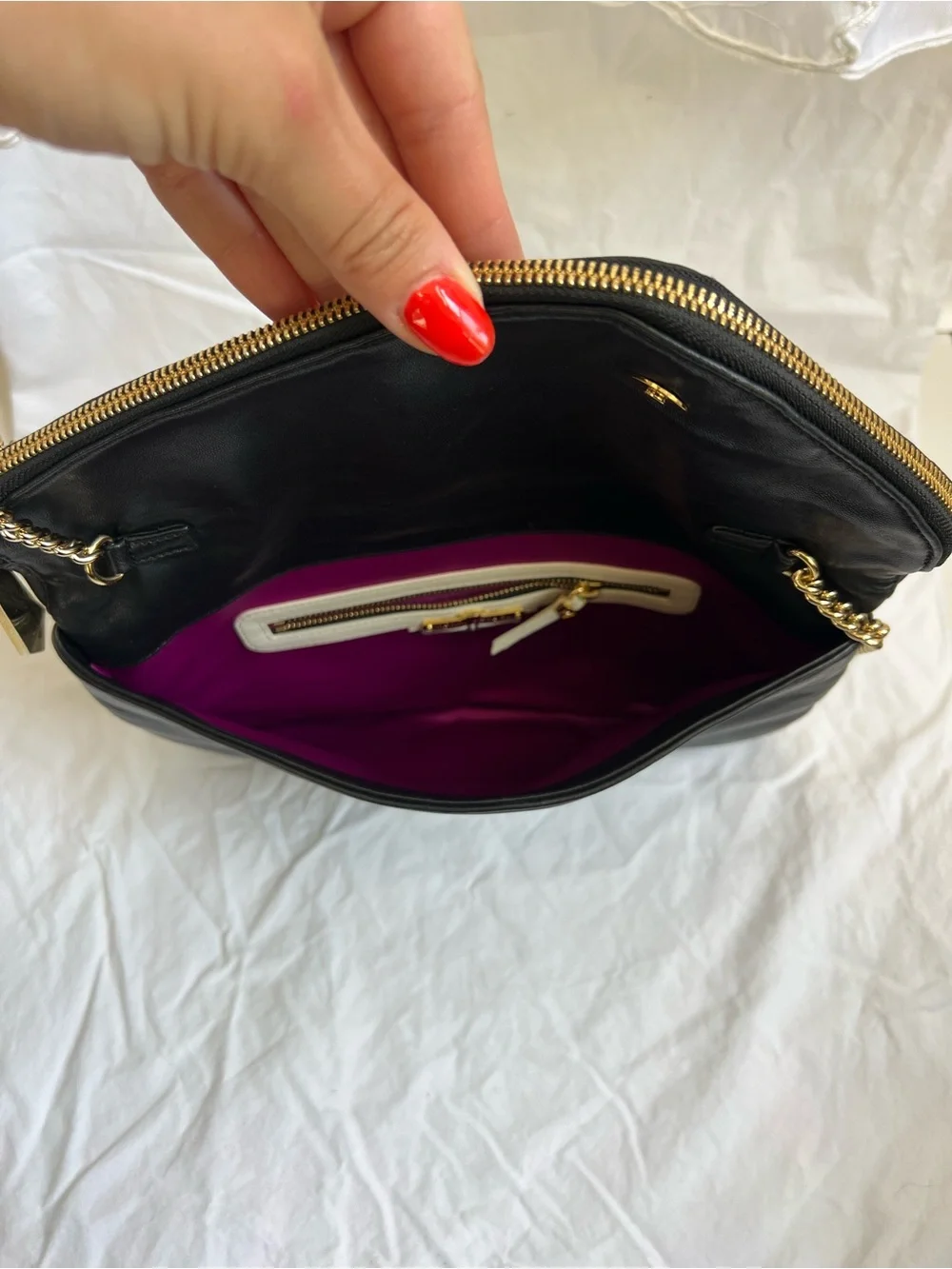 Henri Bendel Black Leather Envelope Shoulder Bag Clutch Gold Chain